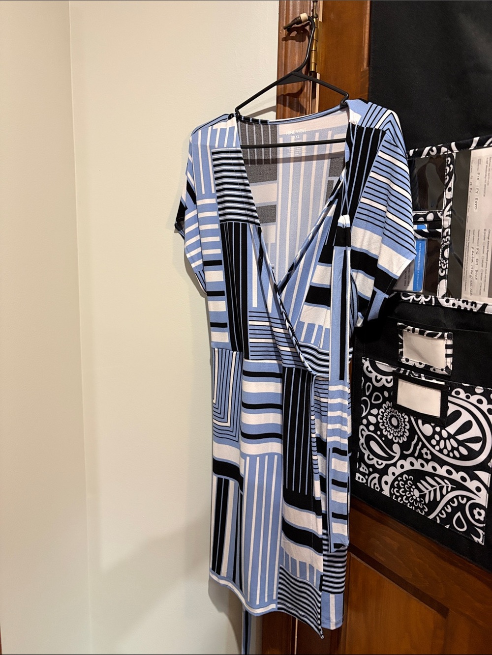 Blue and Black Geometric Wrap Dress  by Nine West XXL. Nice ties with it.